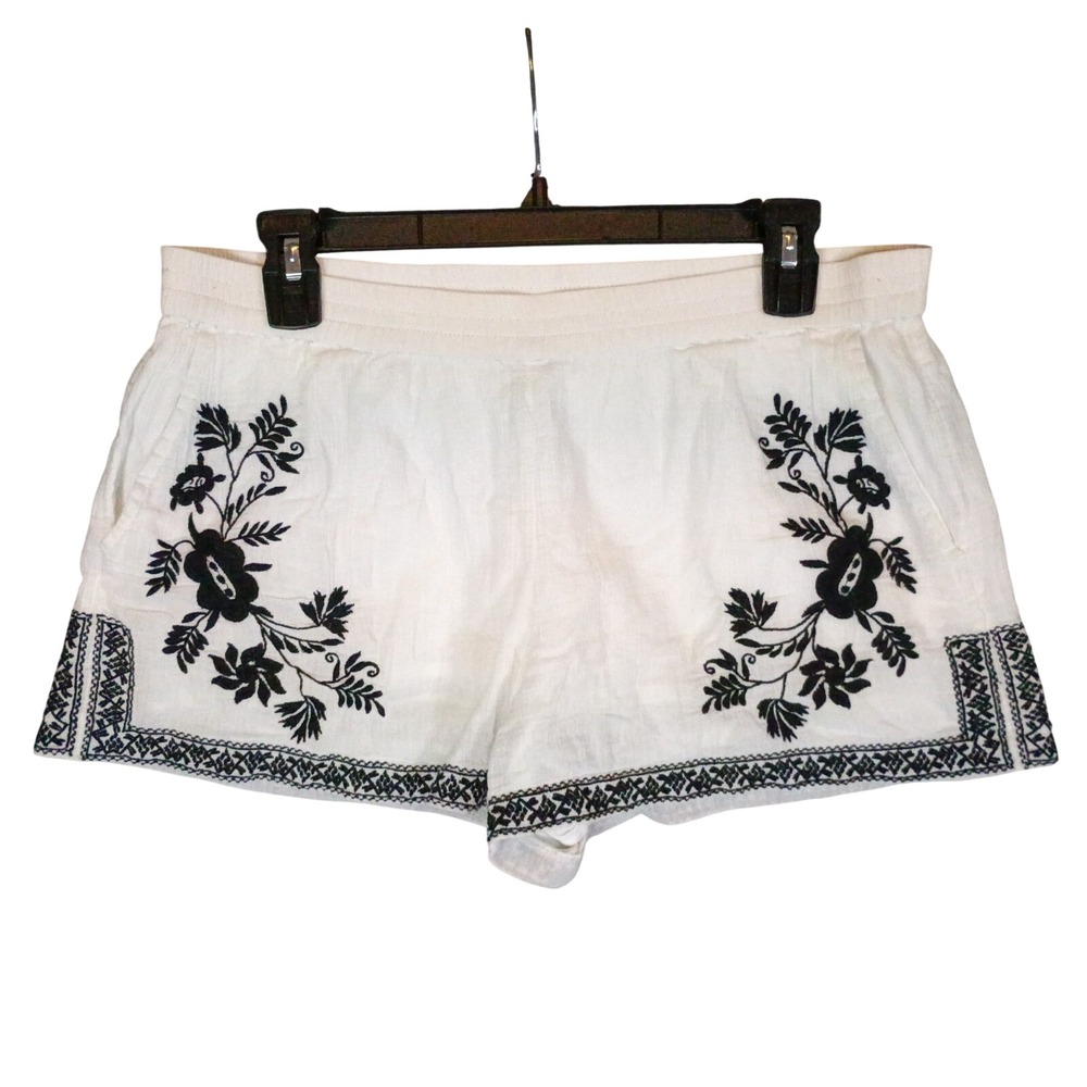 J.CREW Women's 6 White Black Floral Embroidered Elastic Waist Shorts Beach Boho